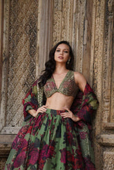 Presenting Green Color  Organza with Digital print Lehengha choli